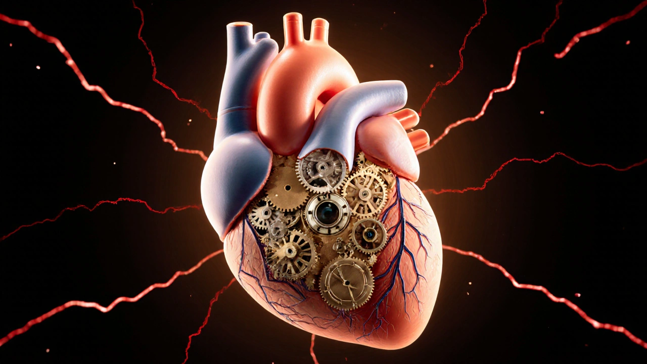 Corazón como mecanismo de reloj con pastillas como engranajes, uno faltante.