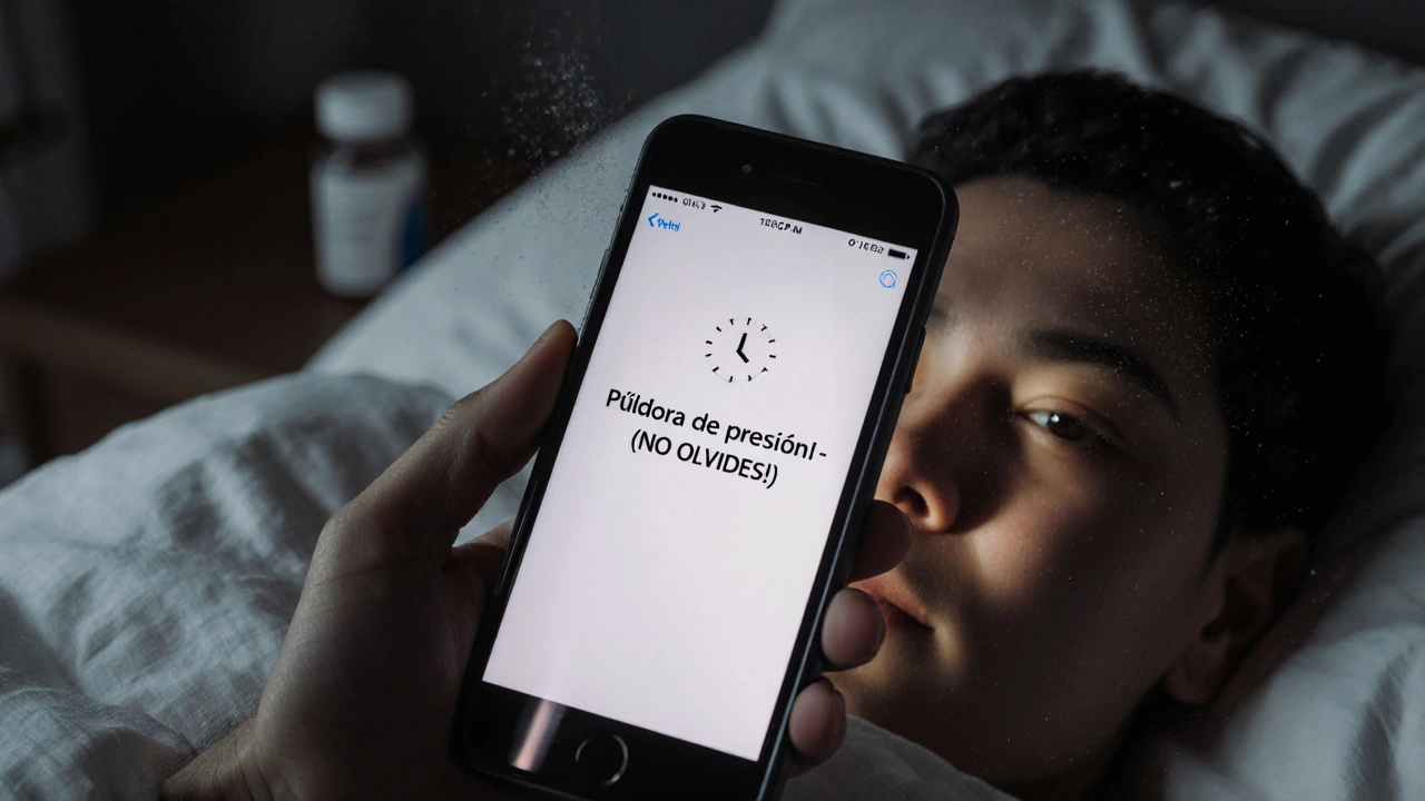 Mano sosteniendo un teléfono con una alarma para tomar medicación.