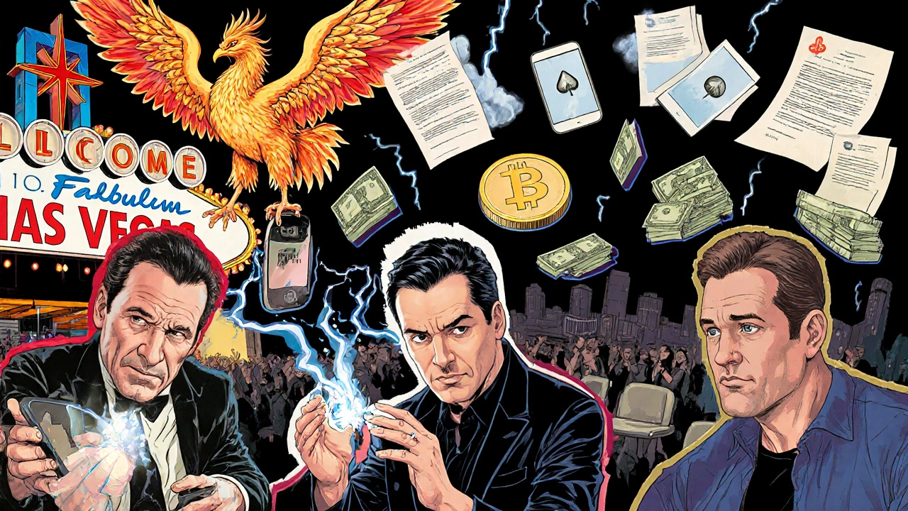Collage de magos famosos con símbolos de ingresos como contratos y dinero.