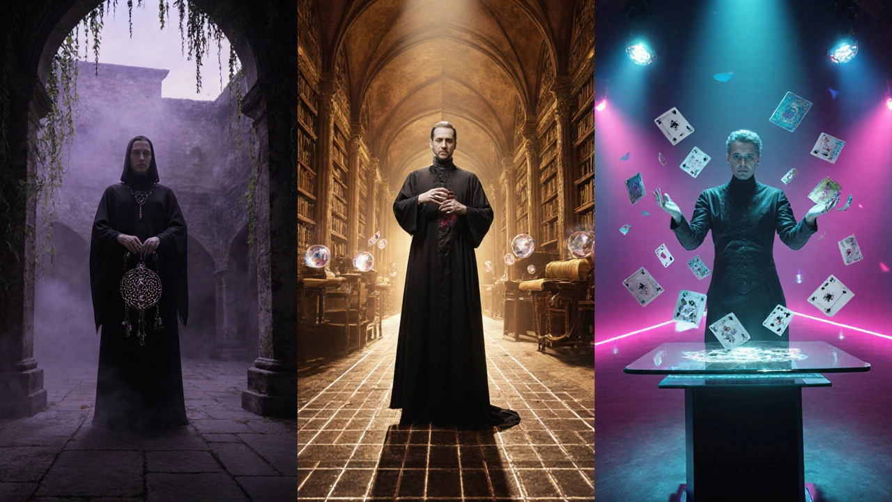 Comparación visual de hechicero, mago e ilusionista en ambientes contrastantes.