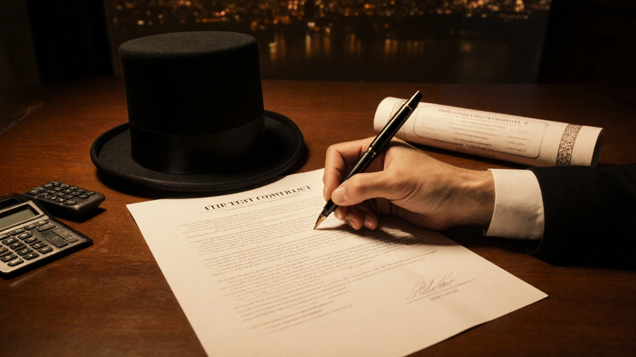 Contrato y bolígrafo al lado de un sombrero de mago, certificado de seguro y calculadora.