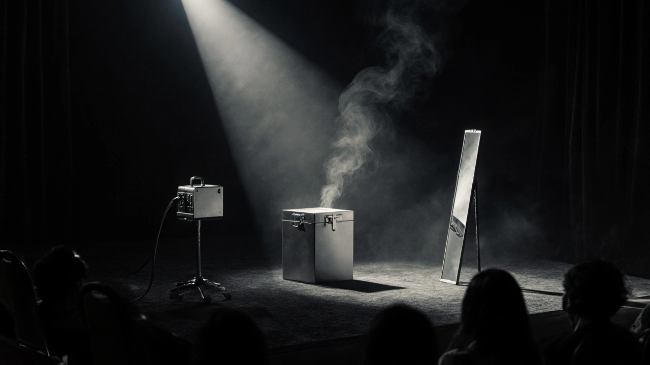 Escena de escenario con caja de extracción, espejo de ilusión y humo.