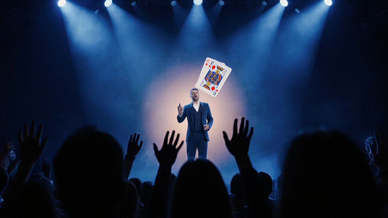 Escena de escenario con un mago revelando la carta invertida y el público sorprendido.