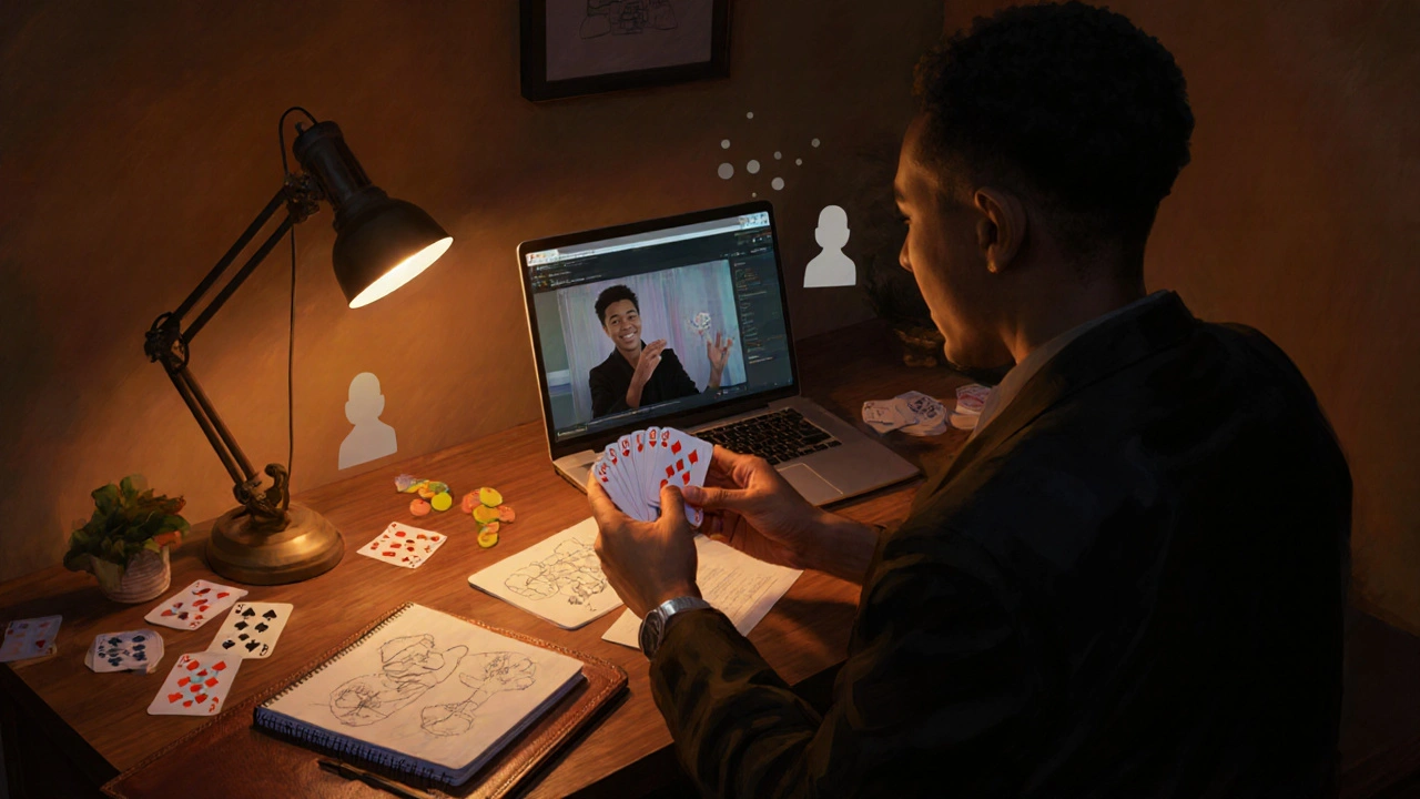 Estudiante practicando trucos de magia en casa frente a una pantalla.