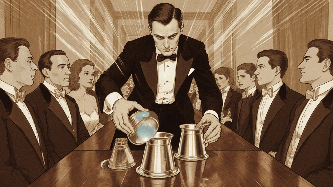 Ilustración vintage de mago haciendo aparecer una pelota bajo copas.