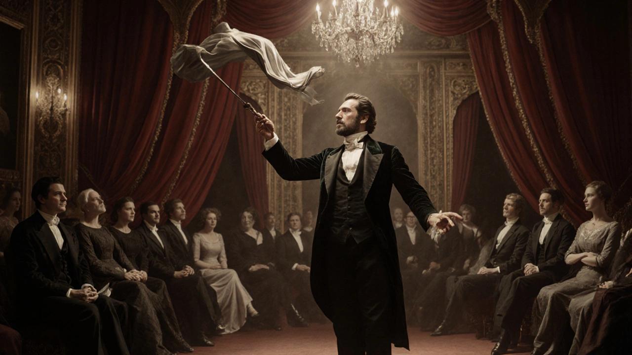 Jean‑Eugène Robert‑Houdin actuando en un teatro del siglo XIX con varita plateada.