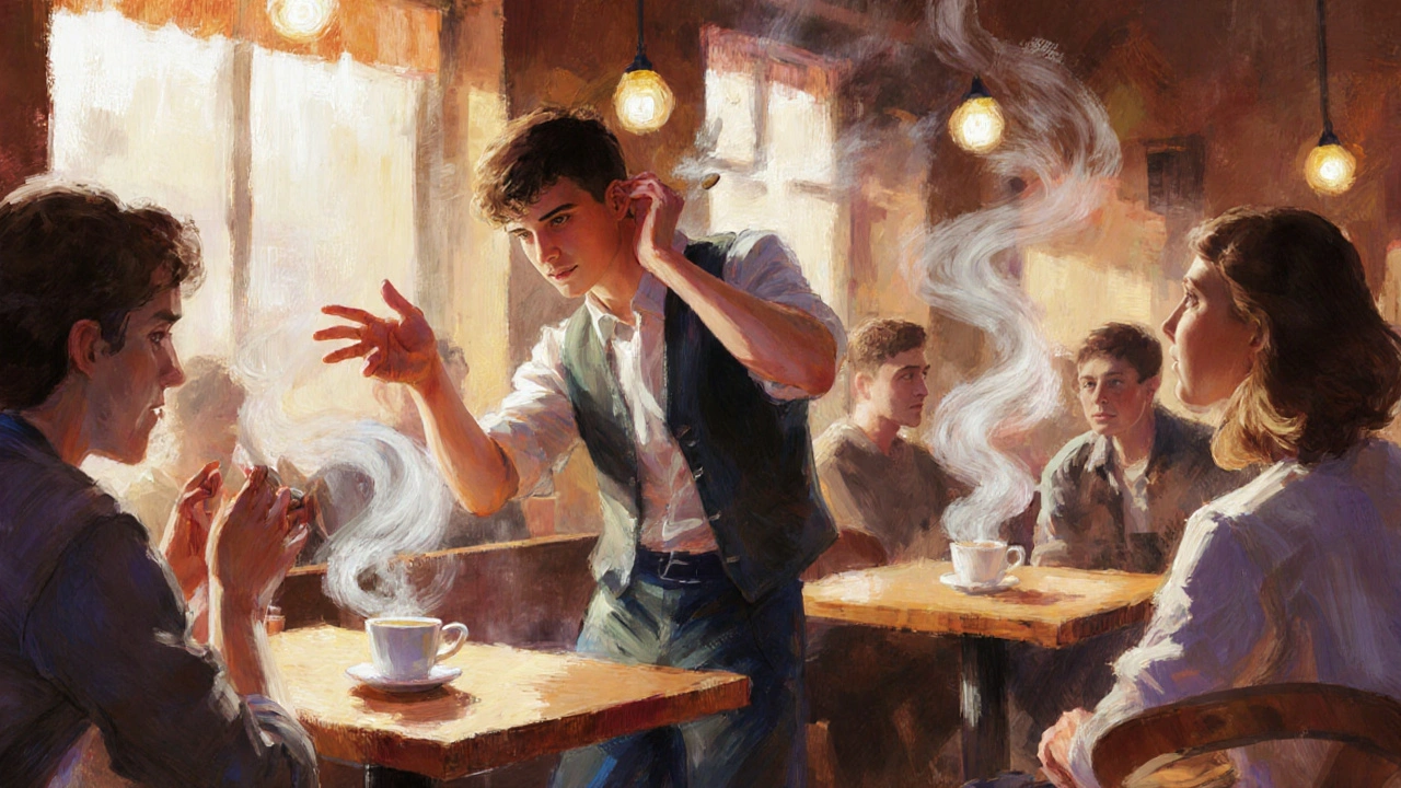 Joven ilusionista actuando frente a amigos en una cafetería íntima.