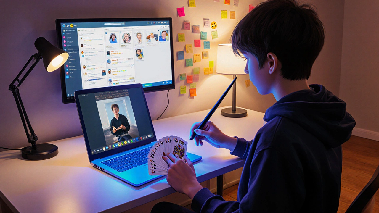 Joven practicando trucos de magia frente a una laptop y comunidad en línea.