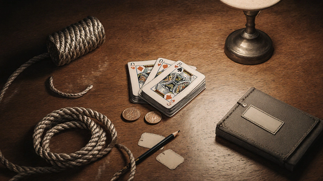 Kit básico de magia con cartas, monedas, cuerda y lápiz sobre mesa de madera.