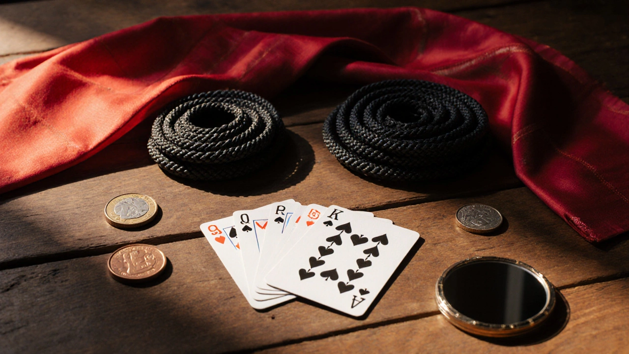 Kit de magia sencillo sobre una mesa: baraja, cuerda, monedas, pañuelo y espejo.