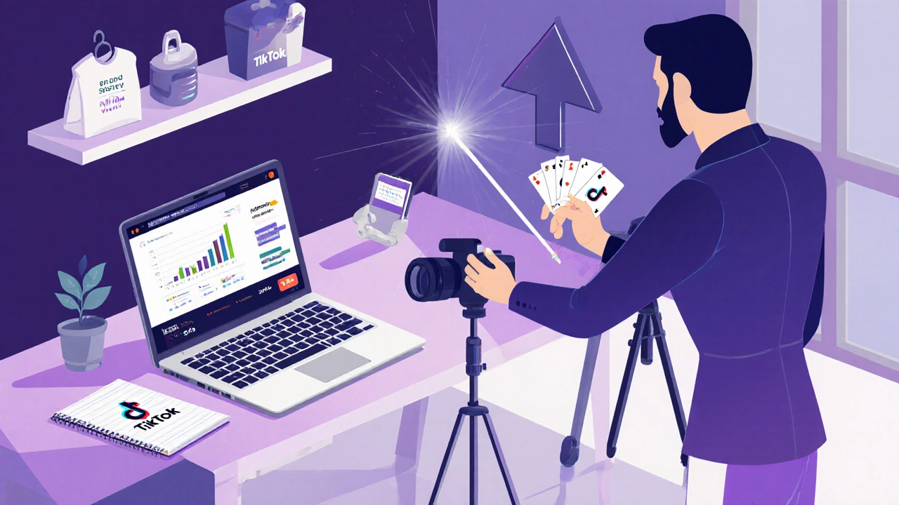 Mago emergente graba un video en casa, rodeado de equipos y una gráfica de crecimiento.