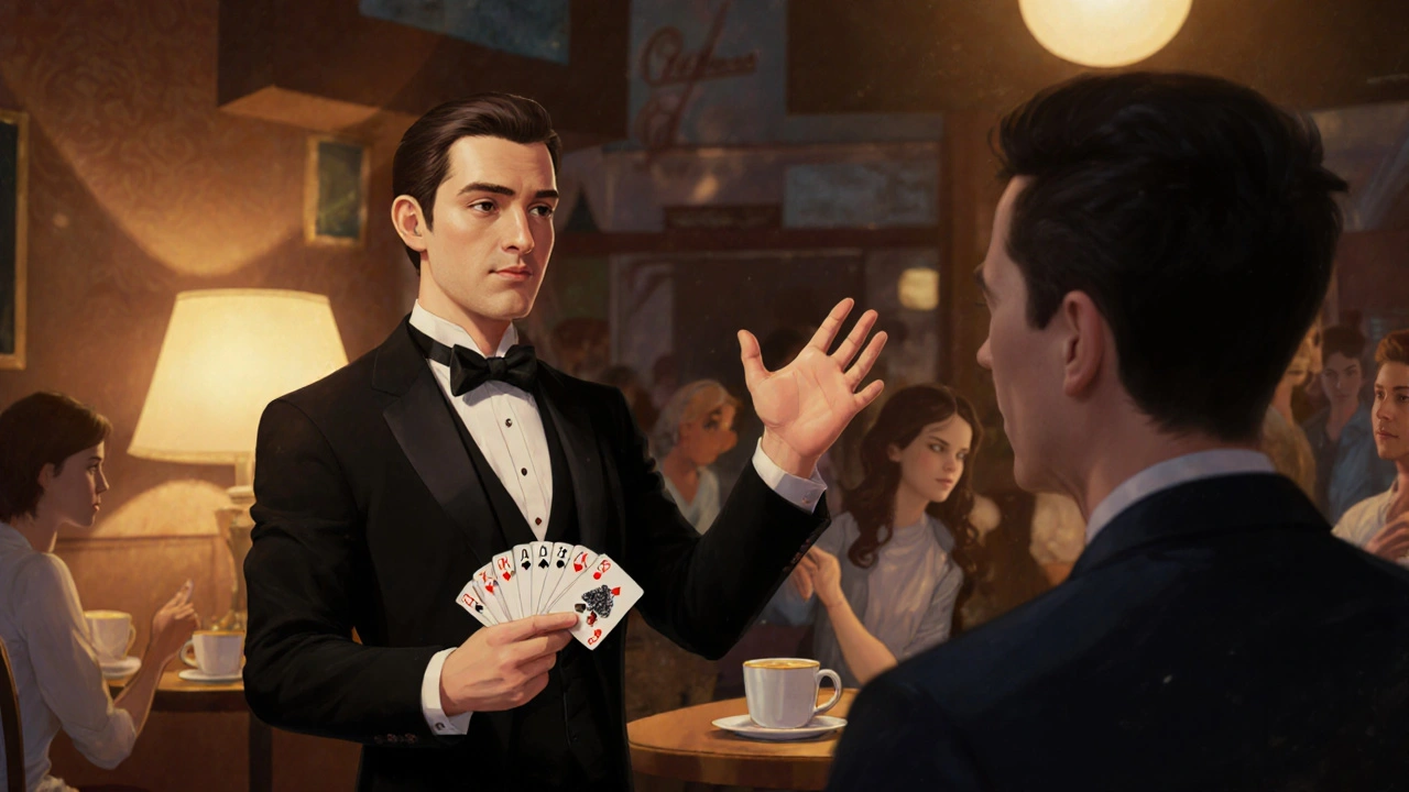 Mago en una cafetería sorprendiendo a un espectador con un truco de cartas.