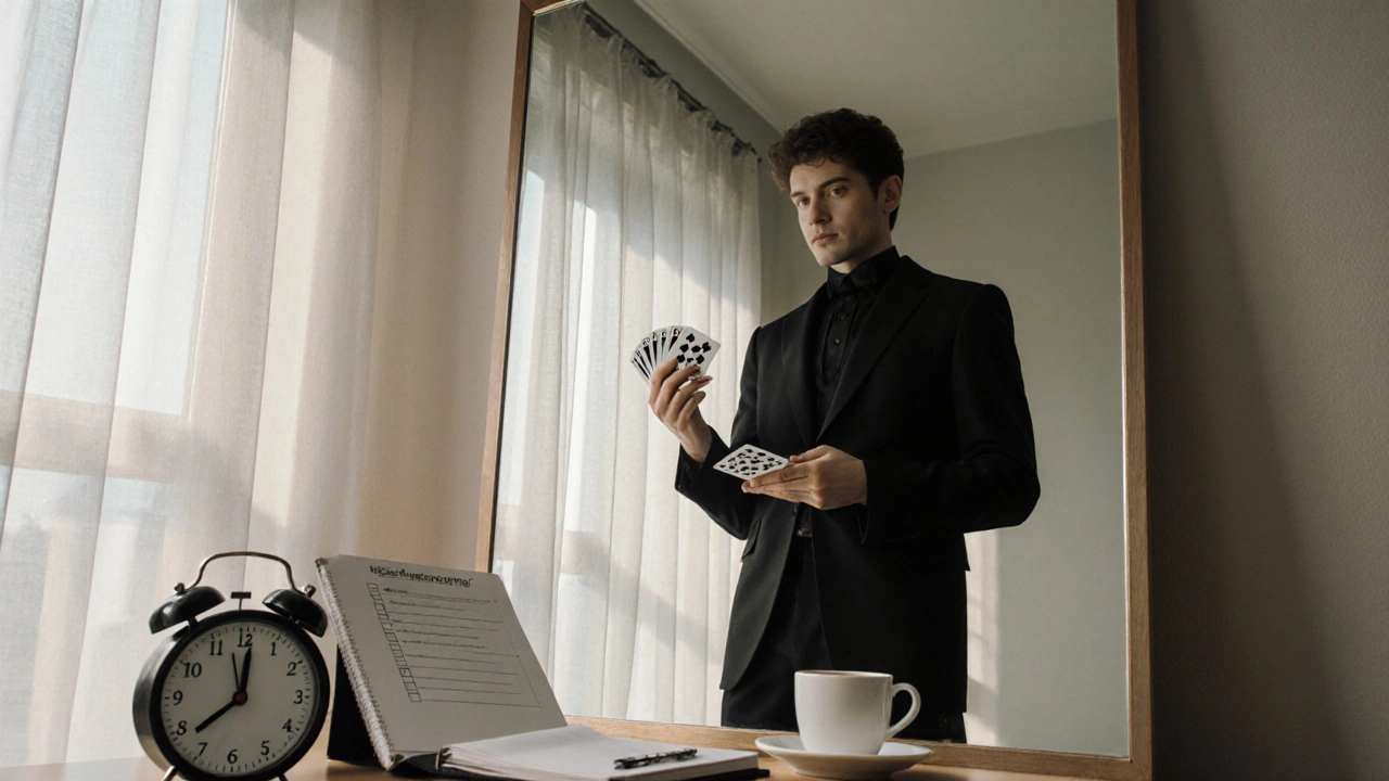 Mago principiante practicando frente al espejo con cuaderno de notas.