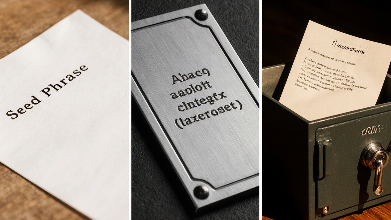 Papeles, placa metálica y caja fuerte mostrando métodos de respaldo de seed phrase.