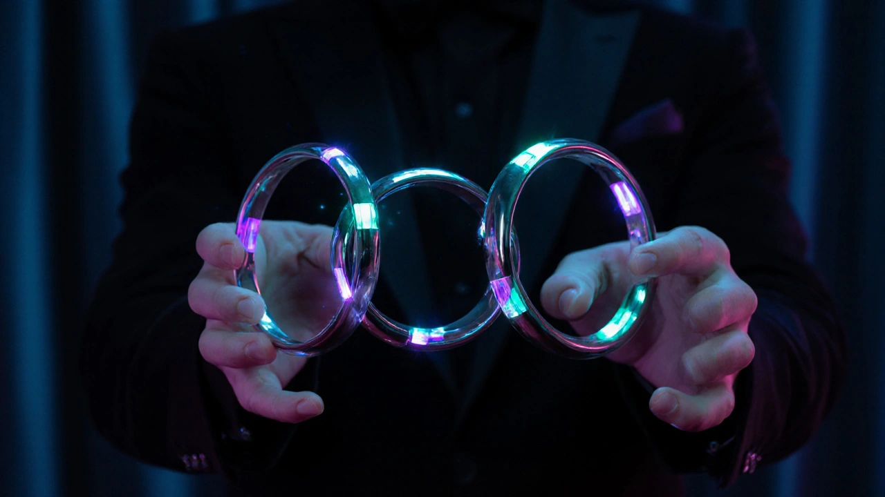 Primer plano de anillos plateados enlazándose con luces LED brillantes.