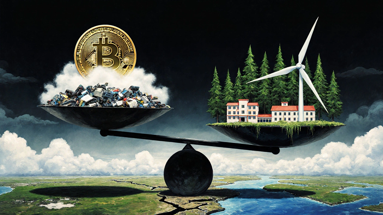Balanza que compara una moneda Bitcoin con residuos y contaminación frente a un bosque, hospital y escuela alimentados por energía limpia.