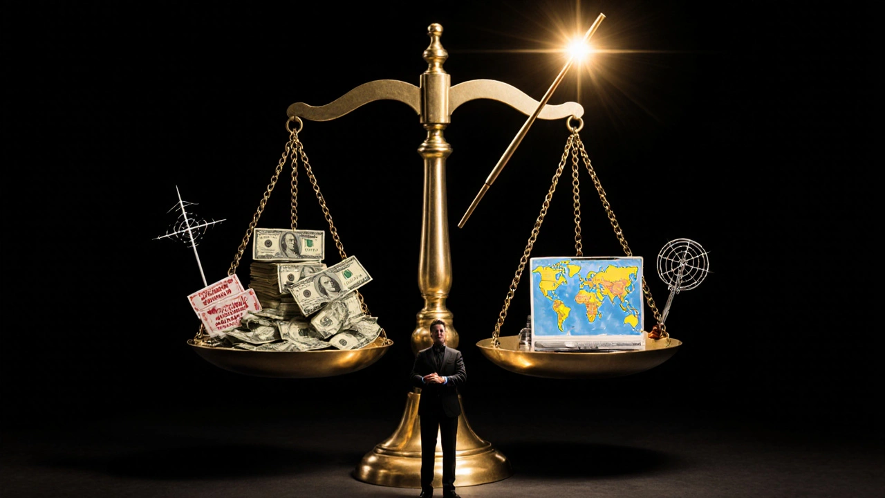 Balanza simbólica con una varita mágica frente a dinero, televisores y entradas, representando el éxito empresarial de Copperfield.