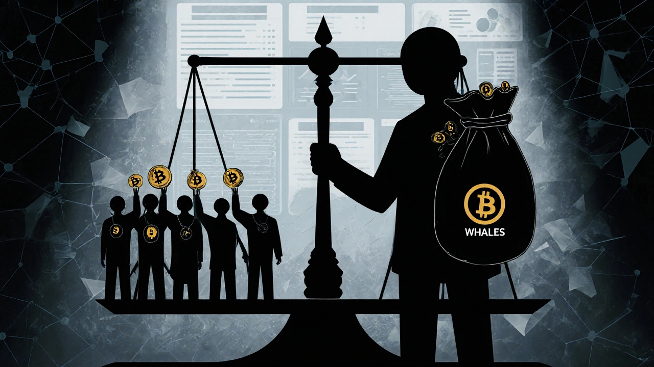 Balanza simbólica entre votos populares y poder concentrado en DeFi.