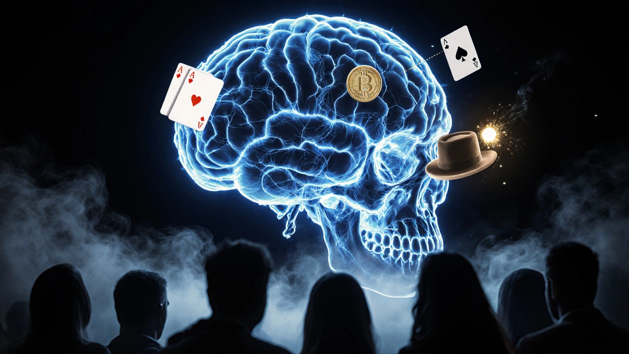 Cerebro humano iluminado con caminos neuronales que conectan objetos mágicos, mientras una multitud lo observa en silencio.