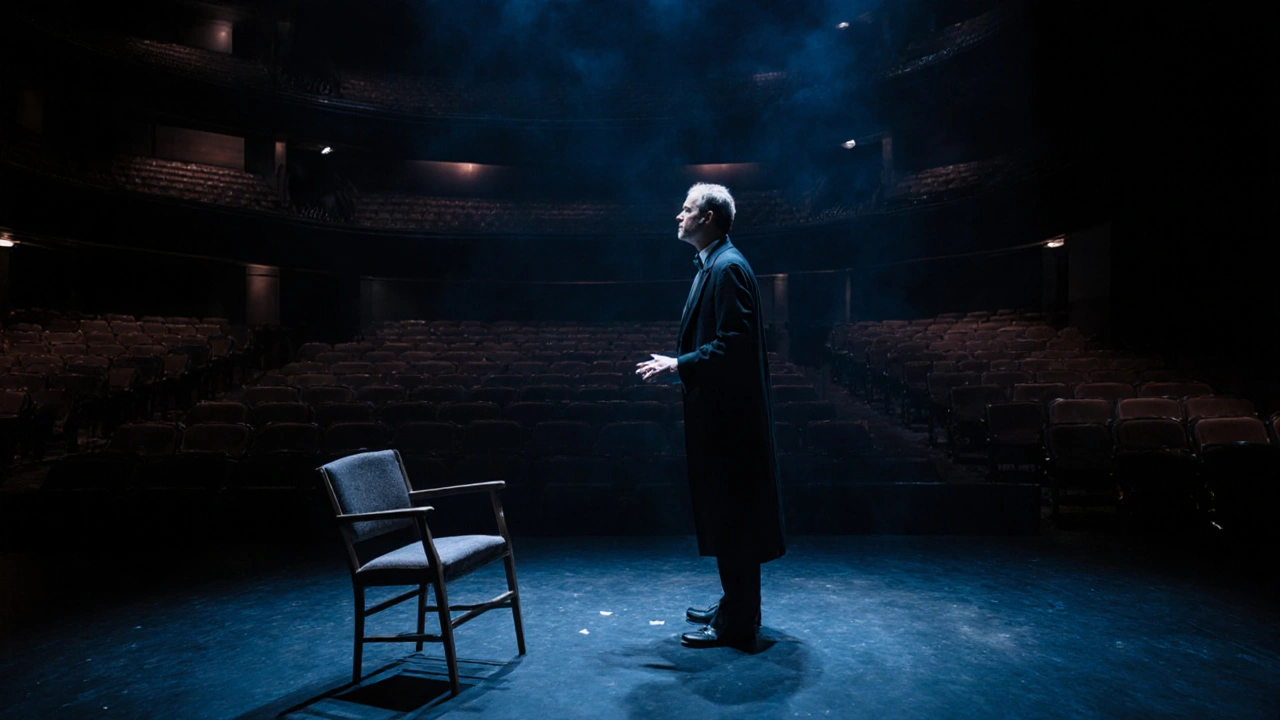 El mago está inmóvil en el escenario vacío, la audiencia en silencio, una silla volcada al frente, luz tenue de crepúsculo.