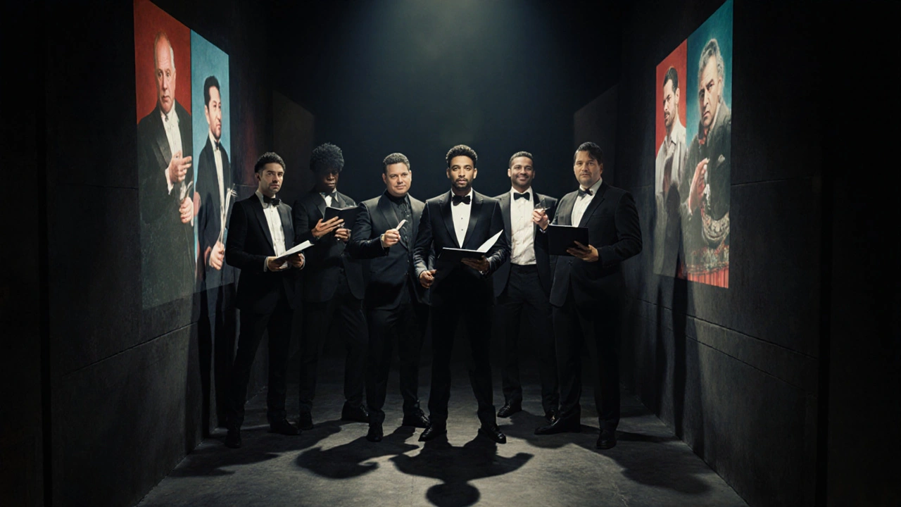 Grupo diverso de magos profesionales detrás de escena, con proyecciones de sus actos en las paredes.