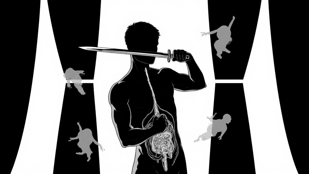 Ilustración en blanco y negro de una espada en posición precisa dentro del cuerpo, órganos separados silenciosamente.