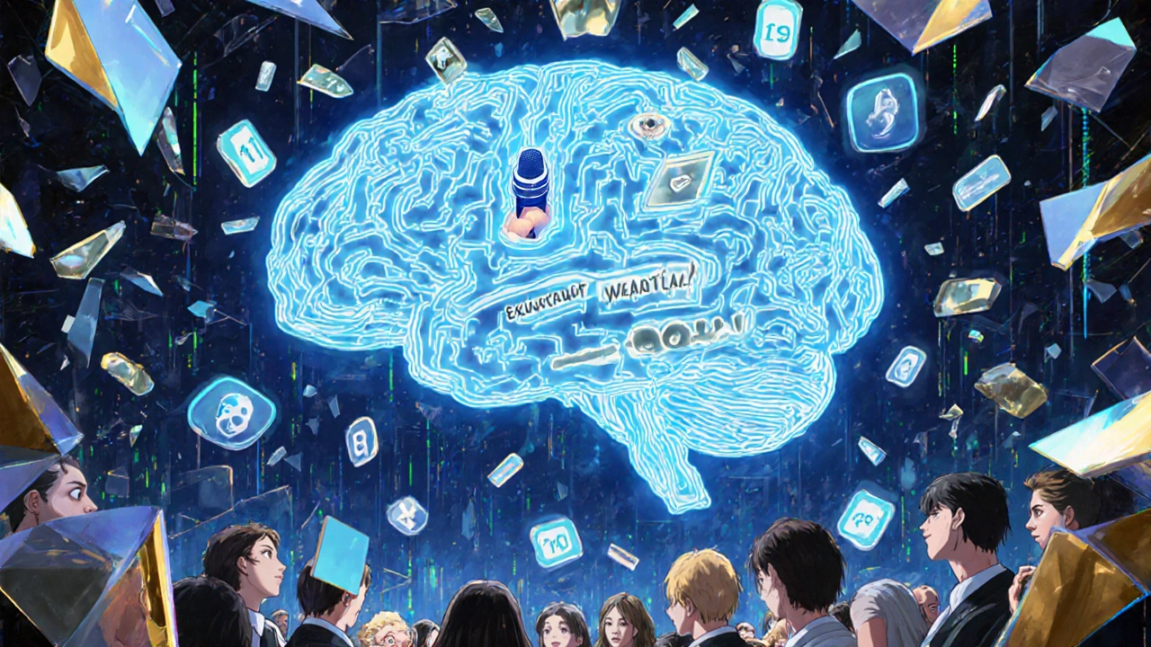 Laberinto luminoso de pensamientos humanos con símbolos flotantes y rostros asombrados reflejados en espejos.