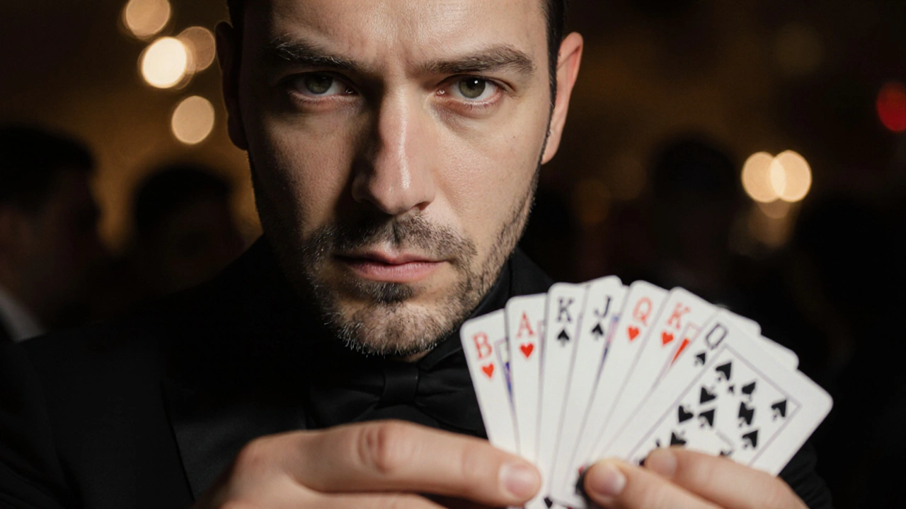 Los ojos de un mago miran fijamente a un espectador mientras realiza un corte falso con cartas.