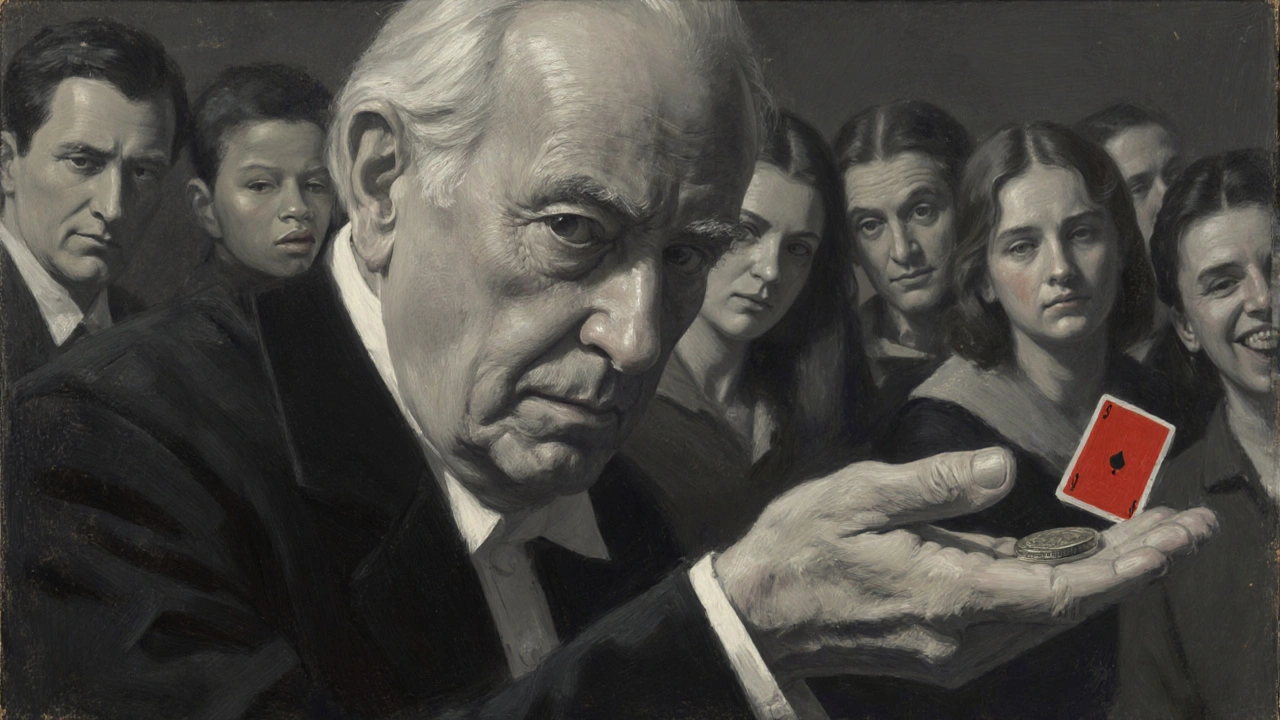 Los ojos de un mago mirando hacia otro lado mientras una moneda desaparece de la mano de un espectador.