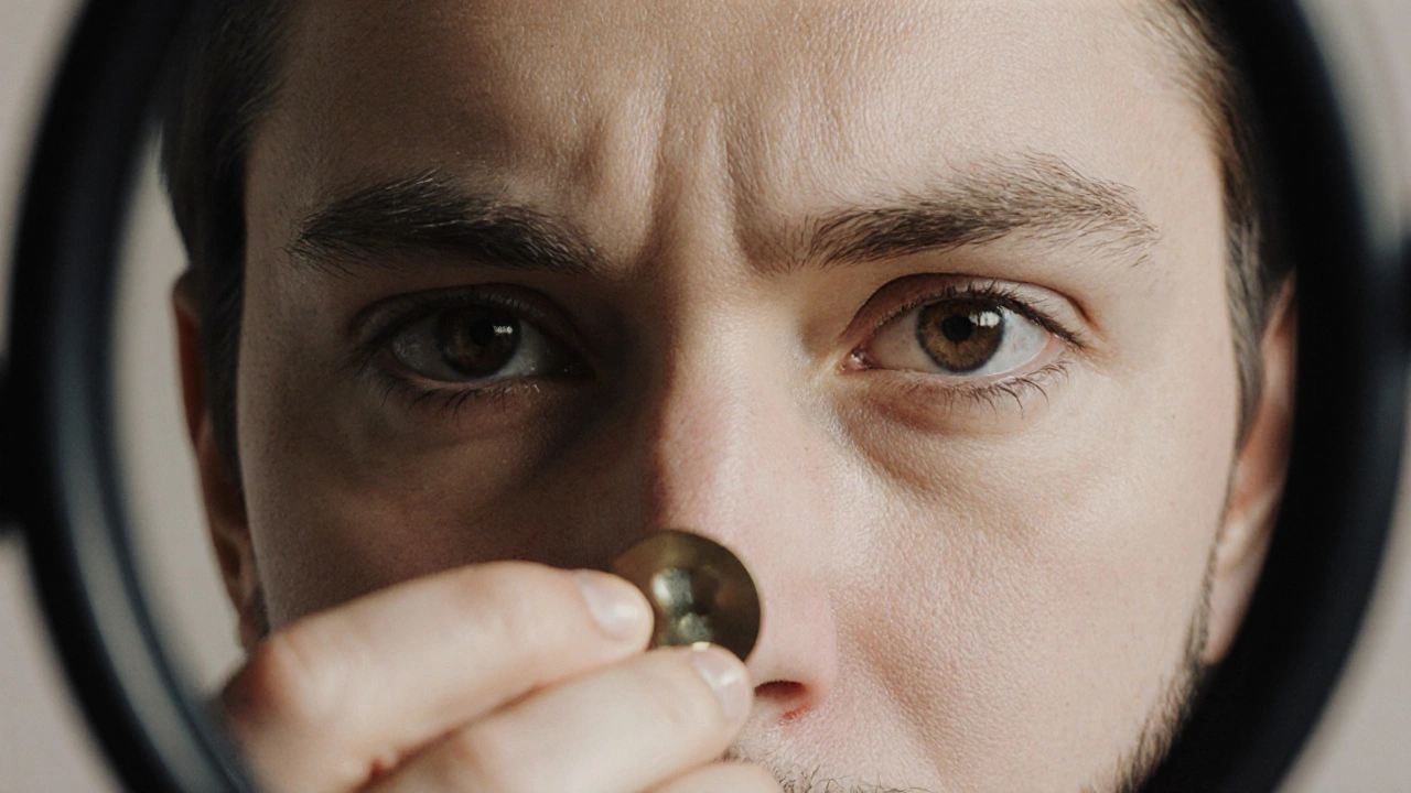 Los ojos de una persona reflejados en un espejo, observando cómo una moneda desaparece de su mano.