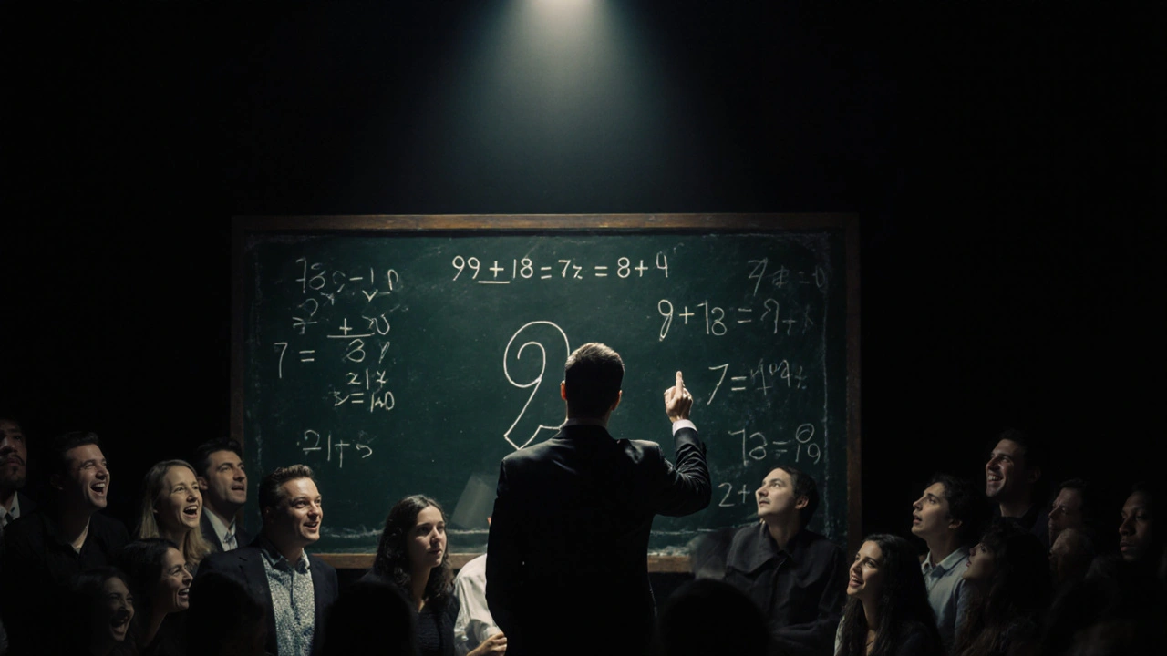 Mago frente a una pizarra con ecuaciones matemáticas que siempre resultan en 9, audiencia asombrada.