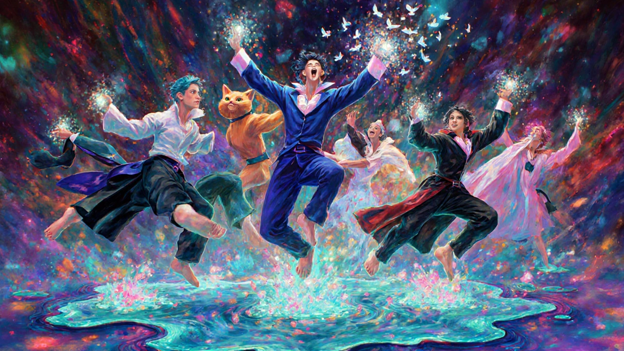Magos bailan sobre un suelo de gelatina, transformándose en gatos y pájaros en un caos mágico y colorido.
