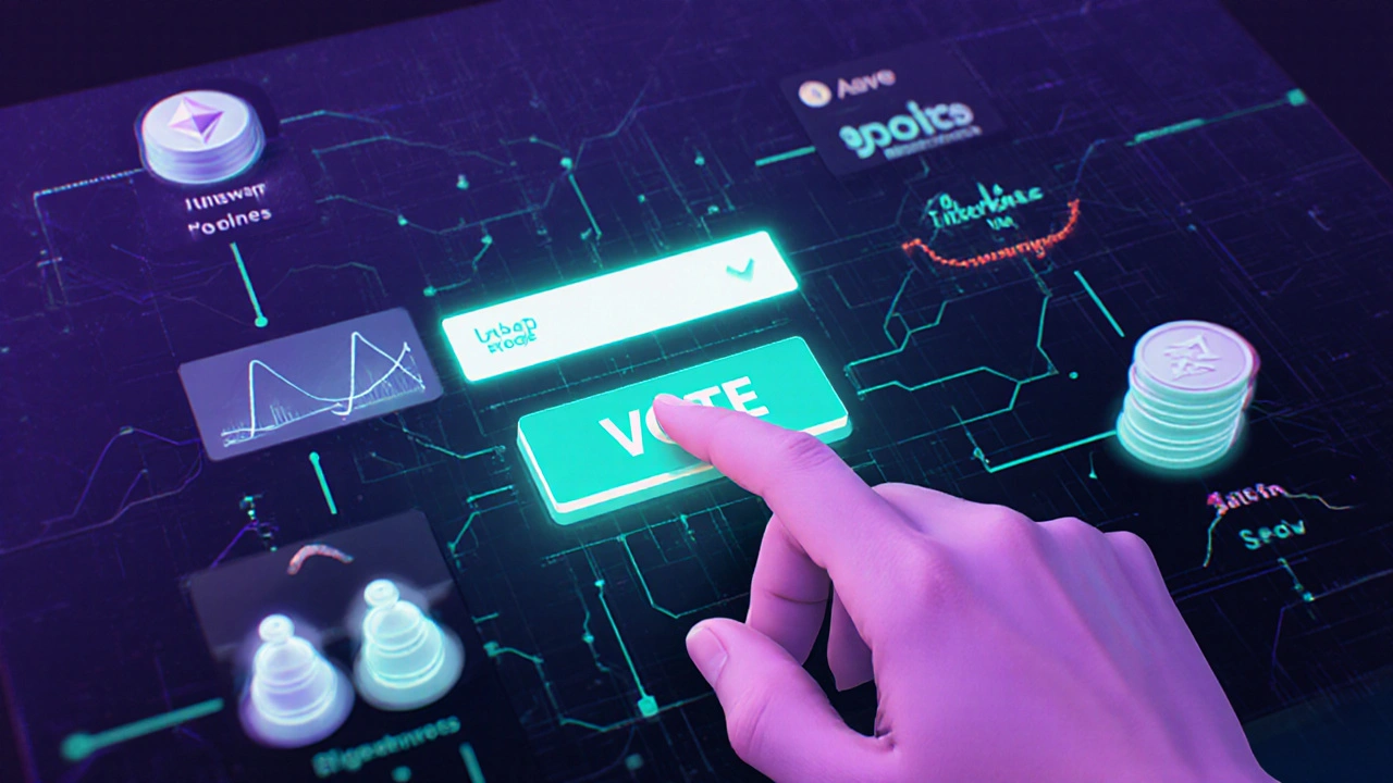 Mano clicando en &#039;Votar&#039; en una interfaz de gobernanza descentralizada.