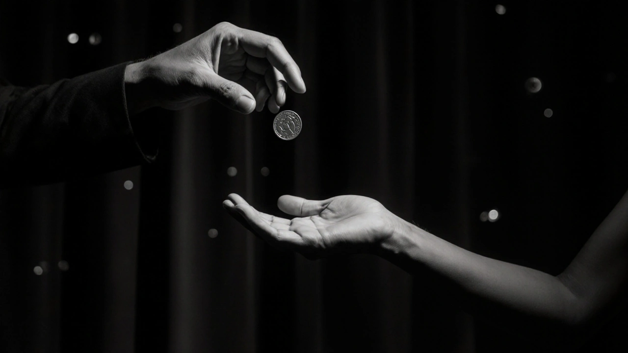 Manos en movimiento capturando una moneda en un truco de magia sin dispositivos visibles.