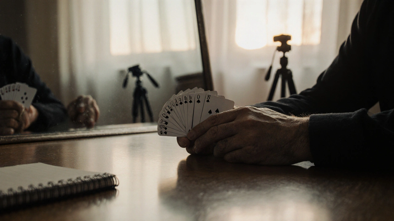 Manos practicando el control de cartas frente a un espejo, con una baraja y luz natural de mañana.