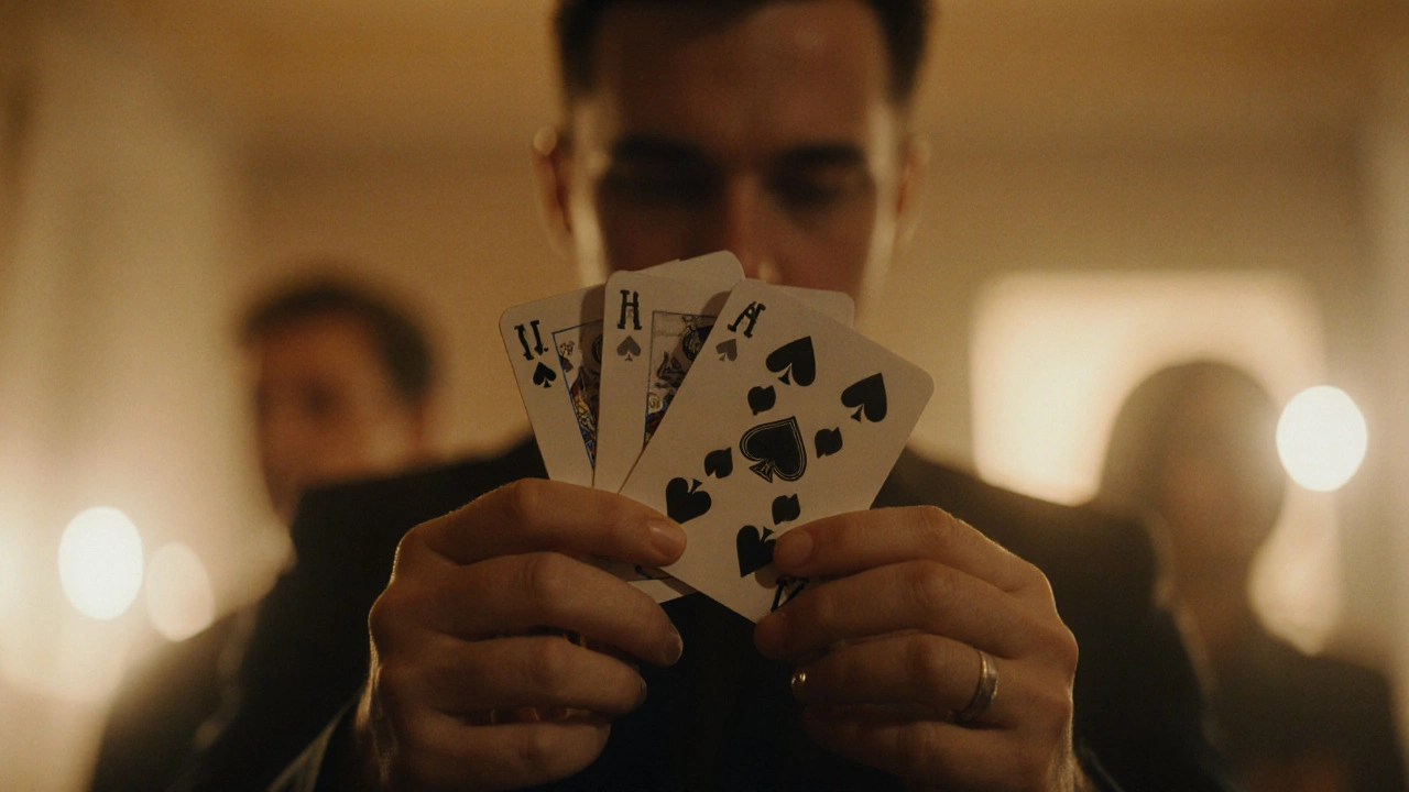 Manos realizando un double lift con dos cartas, una oculta detrás de la otra.