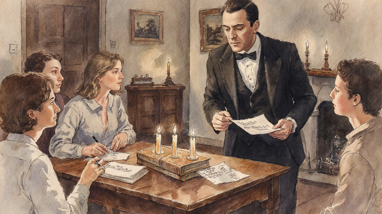 Mentalista en una fiesta íntima, sonríe mientras un invitado escribe una palabra secreta en una hoja.