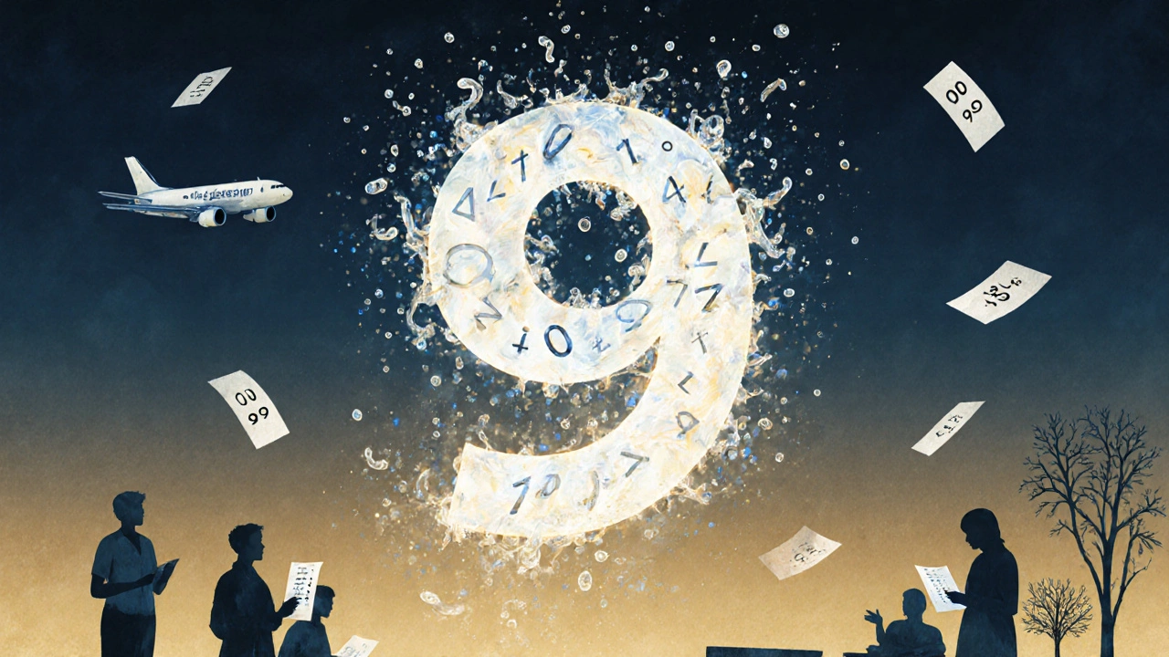 Número 9 flotante rodeado por dígitos que se disuelven en él, símbolo de una ley matemática universal.