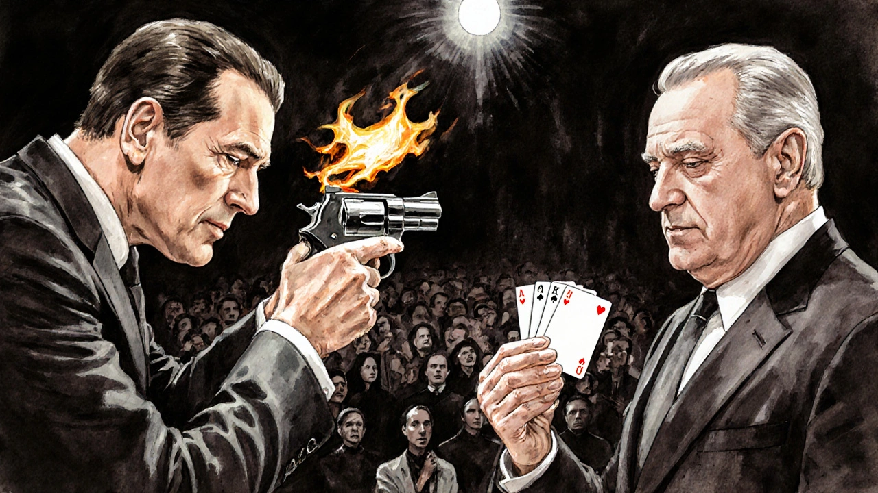 Penn apunta una pistola a su cabeza con una carta ardiendo; Teller muestra una carta intacta en silencio.