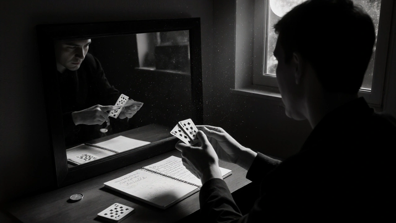 Persona practicando magia frente al espejo en una habitación silenciosa bajo la luz de la luna.