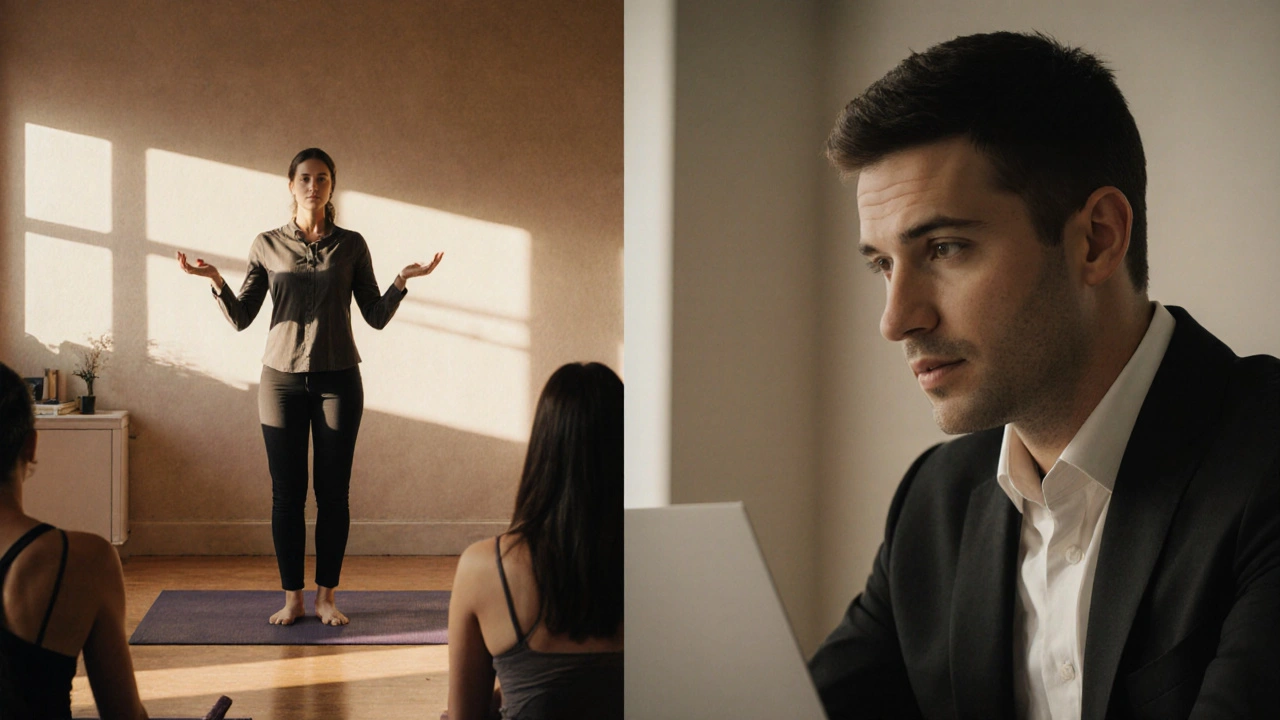 Profesora de yoga y vendedor en escenas que muestran pausas estratégicas para captar la atención.