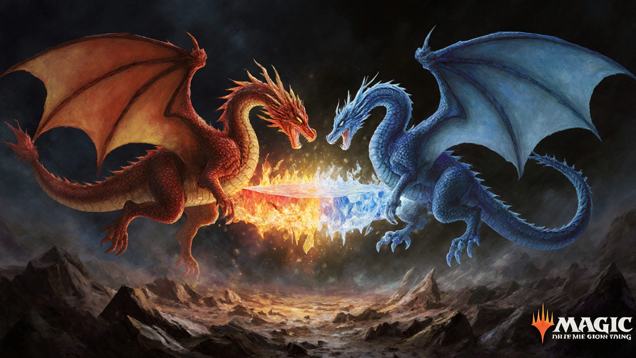 Síntesis visual de dos colores mágicos, dragón rojo y serpiente azul unidos por una tierra dual brillante.