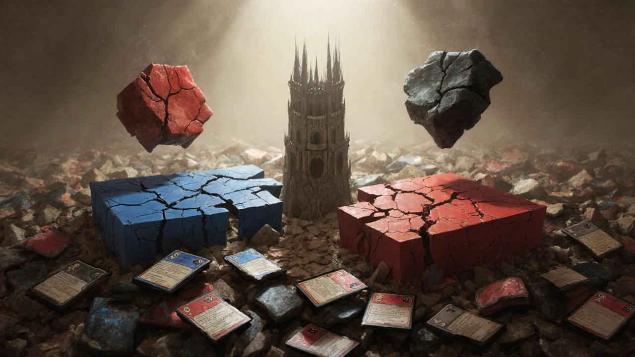 Torre de comando iluminando un sistema de mana fracturado, símbolo de estabilidad en mazos complejos.