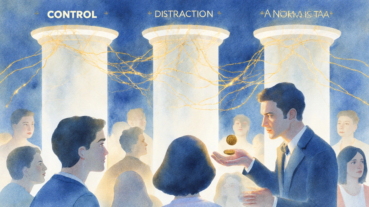 Tres hilos de luz representan control, distracción y narrativa mientras una multitud observa ilusiones.