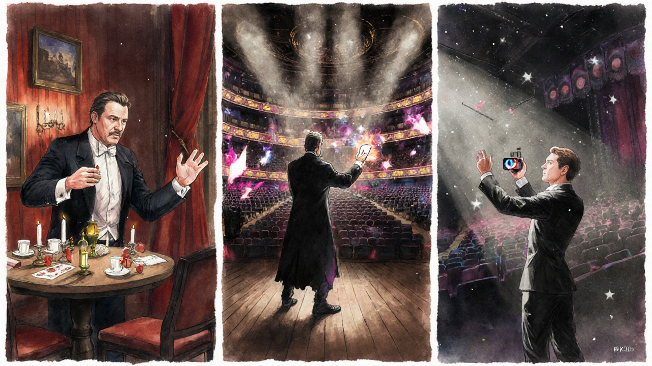 Tres magos en distintos escenarios: salón íntimo, escenario grande y estudio digital, ilustrados en acuarela.