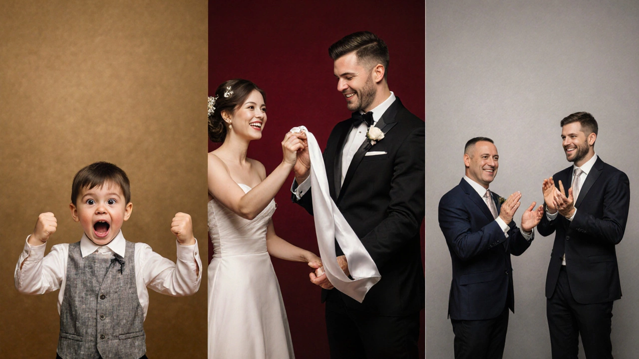 Tres momentos distintos de magia en vivo: un niño, una pareja y profesionales, todos asombrados por el mismo truco.