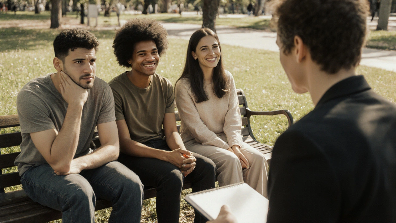 Tres personas en un parque muestran lenguaje corporal distintivo mientras un observador las estudia discretamente.