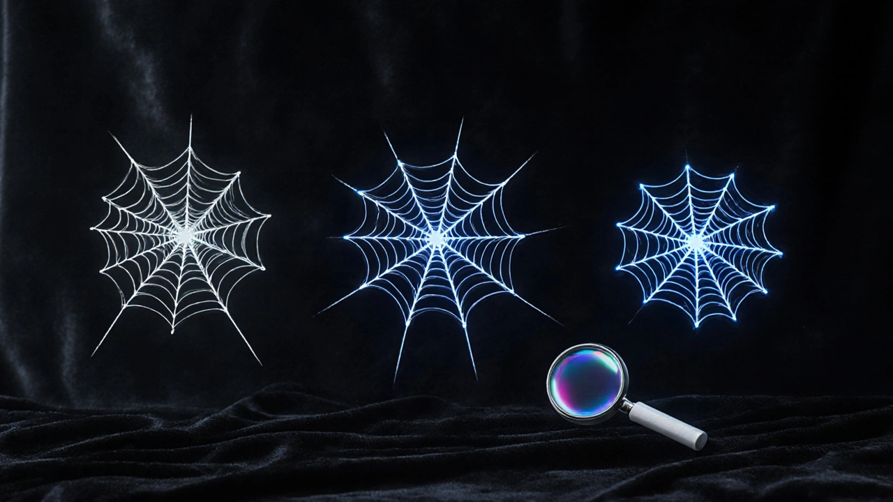 Tres tipos de hilos mágicos suspendidos en el aire, mostrando sus diferencias de grosor y reflexión.