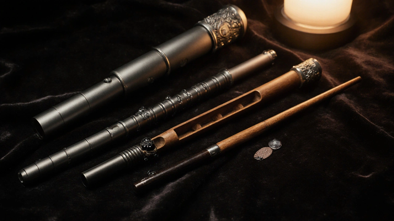 Tres varillas mágicas distintas sobre tela de terciopelo: telescópica, hueca y con imán, detalladas con precisión.