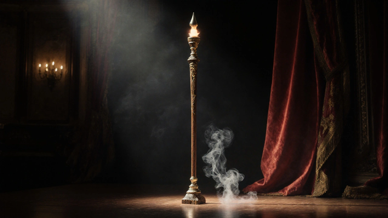 Un bastón ceremonial largo y elaborado, iluminado por un foco en un escenario teatral.